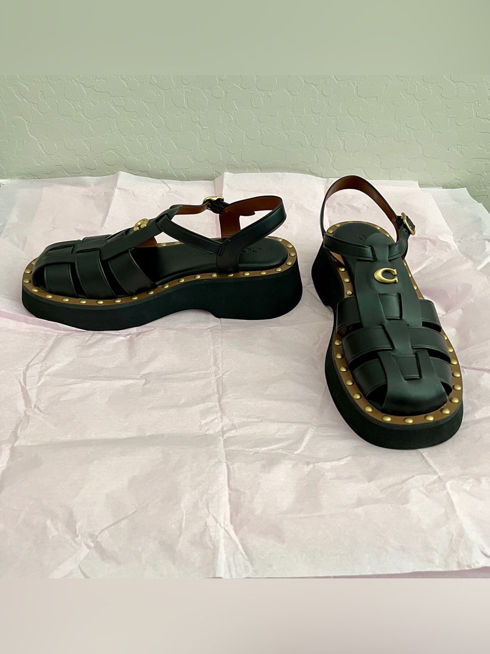 Coach Vivienne Fisherman C Studded Black Leather Sandals - Picture 5 of 9